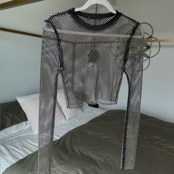 NEW Black Crystal Mesh Two-Piece Set Crystal Festival Mini Skirt + Crop Top S/M - Picture 3 of 10